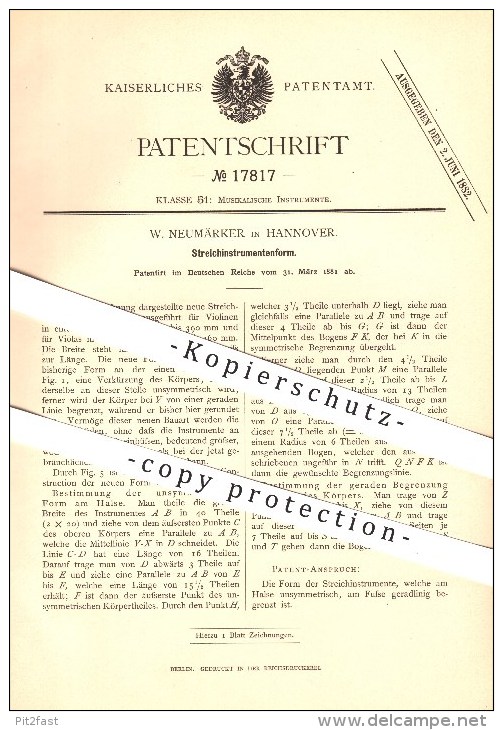 Original Patent - W. Neumärker In Hannover , 1881 , Streichinstrumentenform , Musik , Geige , Violine !!! - Instruments De Musique