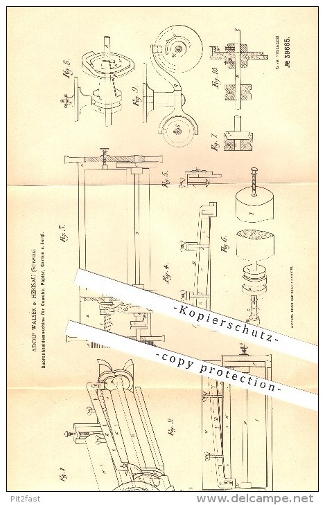 Original Patent - Adolf Walser In Herisau , 1886 , Querschneidemaschine Für Gewebe, Papier Und Karton !!! - Herisau