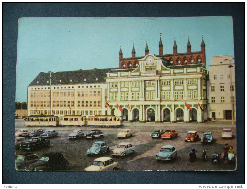 Germany: DDR - Rostock - Rathaus - Tram Volkswagen Trabant Wartburg - Parkplatz - Posted 1960s - Rostock