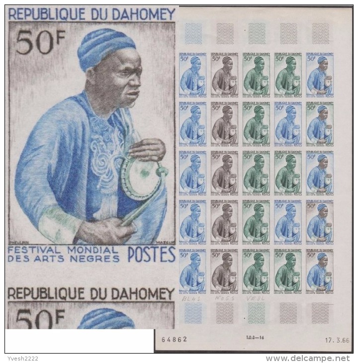 Dahomey 1966 Y&T 237. Feuille Complète De 25, Essais De Couleurs. Festival Mondial Des Arts Nègres. Musicien - Music