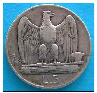 REGNO -  5 Lire Aquilino1928** Argento Mb/bb  Rara - 1900-1946 : Victor Emmanuel III & Umberto II