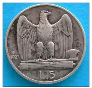 REGNO -  5 Lire Aquilino1927  Argento Bb - 1900-1946 : Victor Emmanuel III & Umberto II