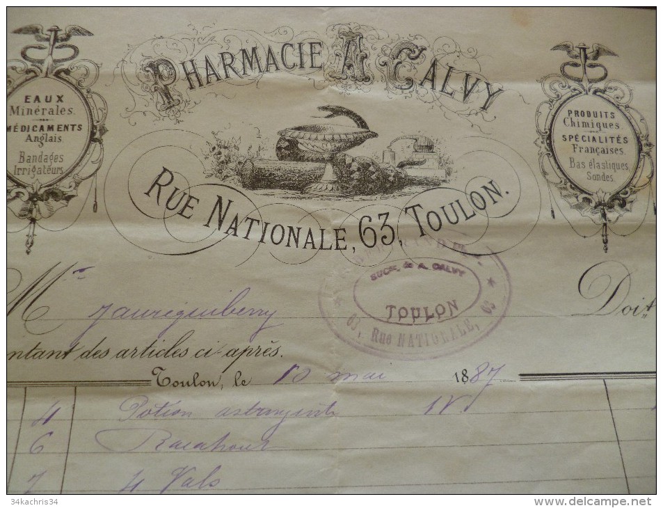 Superbe Facture Illustrée 1887. Pharmacie A.Calvy. Toulon Rue Nationale - 1800 – 1899