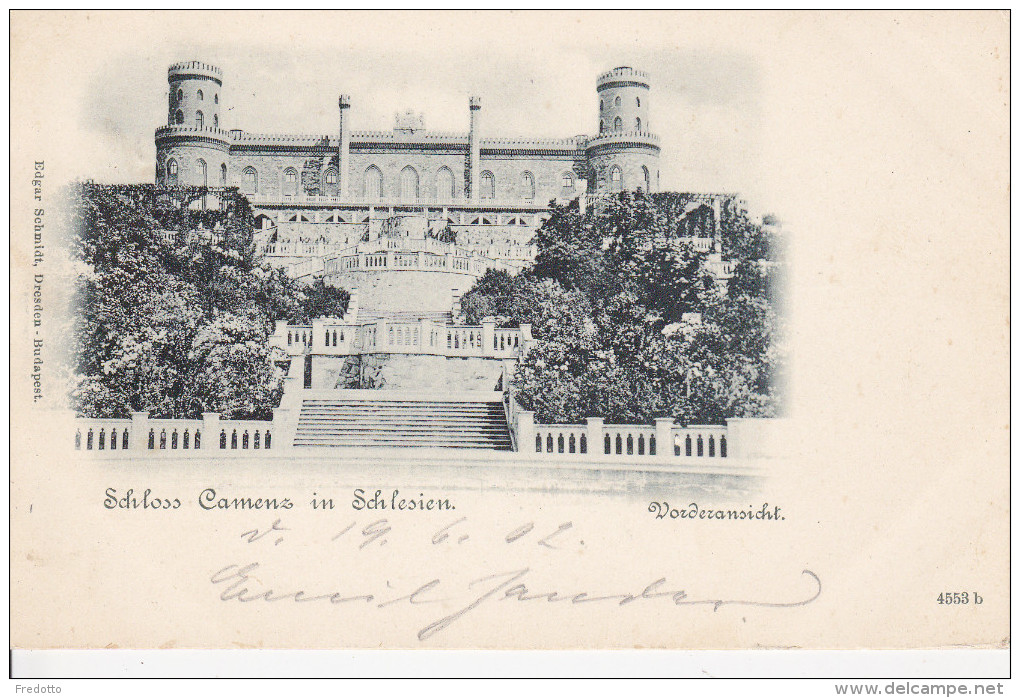 Schloss Camenz In Schlesien.Vorderansicht. Bahnpoststempel. - Schlesien