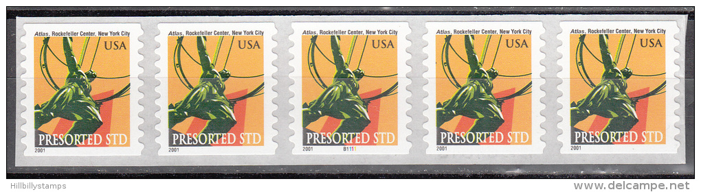 United States   Scott No 3520   Mnh    Year  2001    Plate No. Coil  Strip Of 5 - Coils (Plate Numbers)