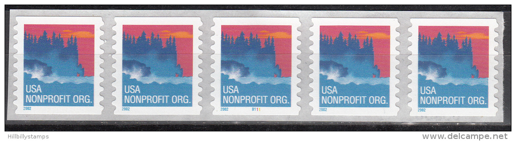 United States   Scott No 3693   Mnh    Year  2002    Plate No. Coil  Strip Of 5 - Coils (Plate Numbers)