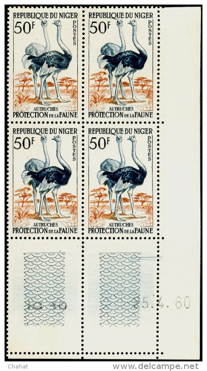 BIRDS-PROTECTION OF FAUNA-COMMON OSTRICH-MARGINAL PLATE BLOCK OF 4 WITH GUTTER MARGINS-NIGER-1960-MNH-B4-91 - Struzzi