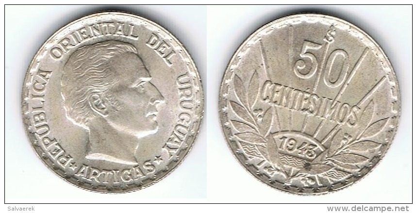 URUGUAY 50 CENTAVOS ARTIGAS 1943 PLATA SILVER B - Uruguay