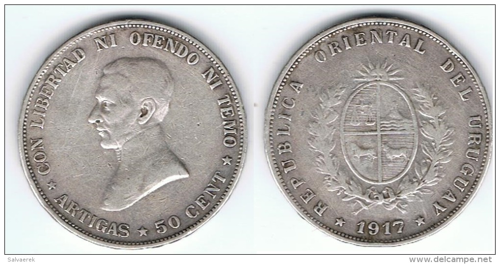 URUGUAY 50 CENTAVOS ARTIGAS 1917 PLATA SILVER - Uruguay