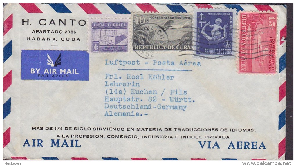 Cuba BY AIR MAIL Par Avion Label H. CANTO, HABANA 1952 Cover Letra Germany Tuberculosis Tuberkulose Stamp - Poste Aérienne