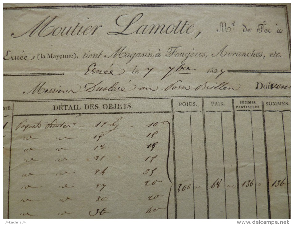 Facture 1827 Moutier Lamotte Marchand De Fer Ernée En Mayenne.Magasins à Fougères, Avranches,..... - 1800 – 1899