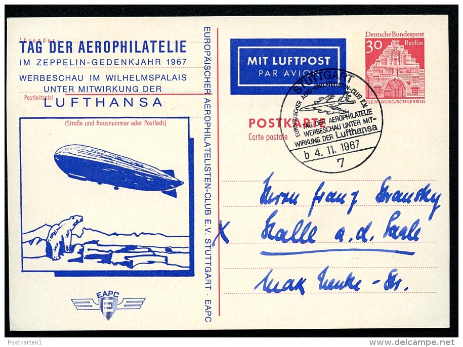 BERLIN P72 ZC2 Postkarte Zudruck ZEPPELIN Gelaufen Sost. Stuttgart 1967  NGK 20,00 € - Private Postcards - Used