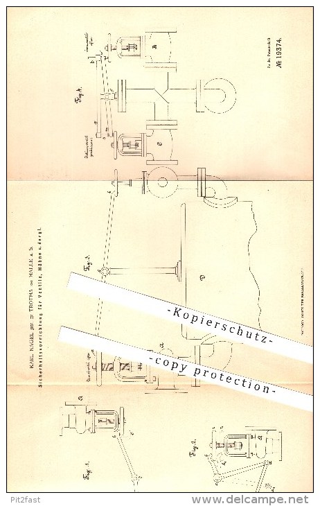 Original Patent - Karl Nagel Jun. In Trotha Bei Halle A. S. , 1882 , Sicherheitsvorrichtung Für Ventile, Hähne U. A. !!! - Historische Documenten