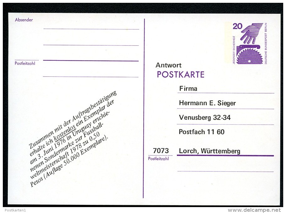 BERLIN P94 ZB2 Postkarte ZUDRUCK SIEGER FUSSBALL-WM ** 1978 - Privé Postkaarten - Ongebruikt