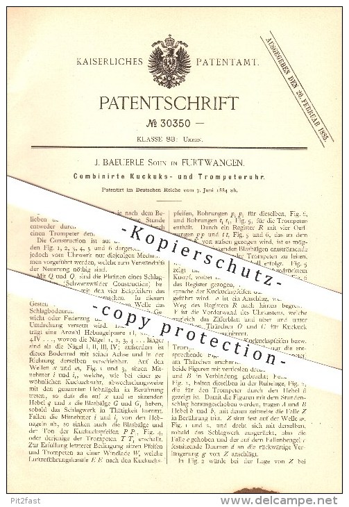 Original Patent - J. Baeuerle Sohn In Furtwangen , 1884 , Kuckucks- Und Trompeteruhr , Uhrmacher , Kuckucksuhr !!! - Antike Uhren