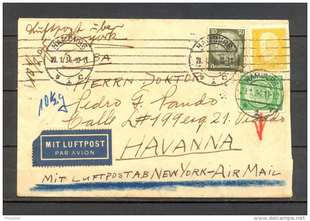 1934 , ALEMANIA, SOBRE CIRCULADO ENTRE HAMBURGO Y LA HABANA, CORREO AÉREO, VIA NUEVA YORK, AL DORSO VIÑETA HWH - Cartas & Documentos