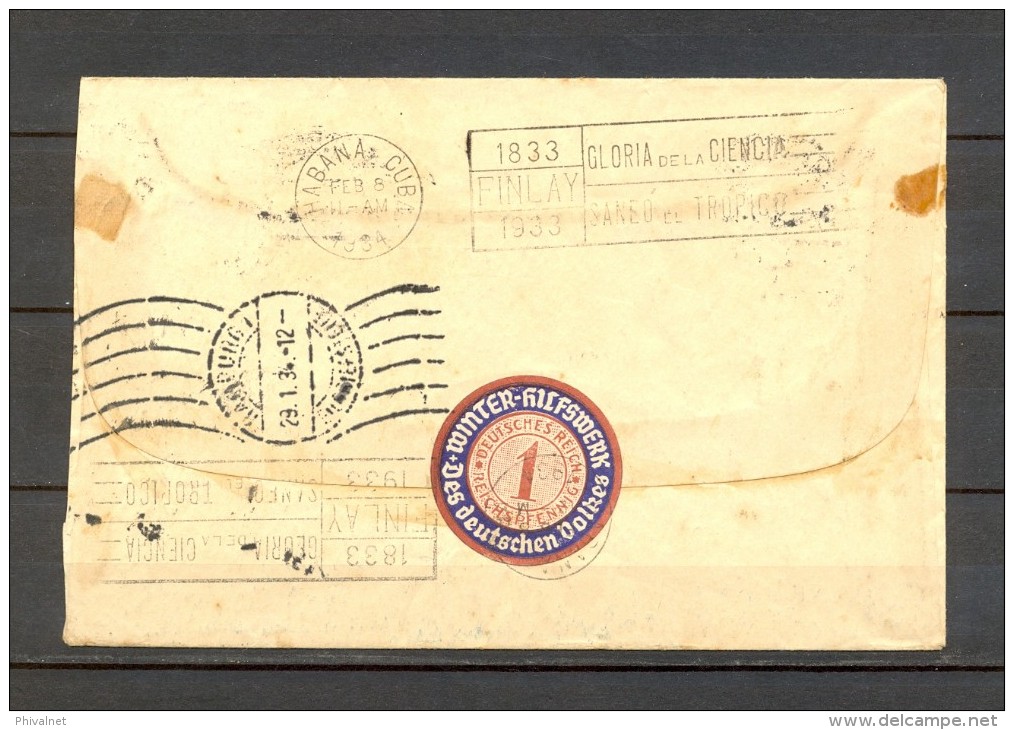 1934 , ALEMANIA, SOBRE CIRCULADO ENTRE HAMBURGO Y LA HABANA, CORREO AÉREO, VIA NUEVA YORK, AL DORSO VIÑETA HWH - Cartas & Documentos