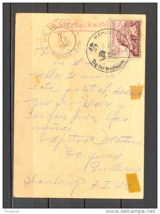 1940, ALEMANIA, ENTERO POSTAL DIA DEL SELLO, CERTIFICADO ENTRE HAMBURGO Y LA HABANA, VIA NUEVA YORK, LLEGADA - Cartas & Documentos