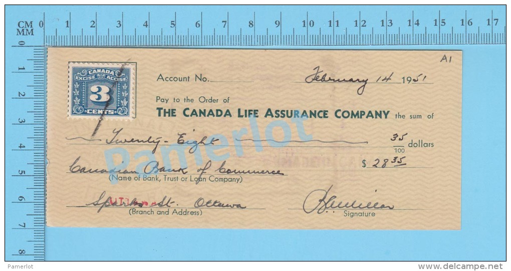 Ottawa, Cheque, 1951 ( $28.35, Canada Life Assurance Co., B.C.D.C.  Tax Stamp FX-64 ) Ontario. 2 SCANS - Cheques & Traveler's Cheques