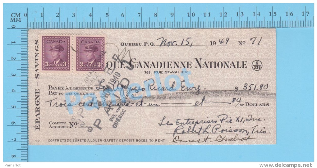 Quebec, Cheque, 1949 ( $351.80, Les AGence Ricard Enrg, B.C.N.  Stamp  Strip  2 X #252 ) P. Quebec 2 SCANS - Cheques & Traveler's Cheques