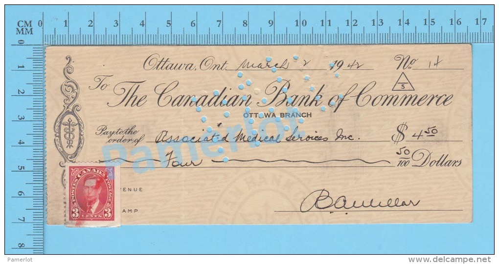 Ottawa, Cheque, 1942 ( $4.50, Association Médicale Services Inc, B.C.D.C..,  Stamp  #233) P. Quebec 2 SCANS - Chèques & Chèques De Voyage