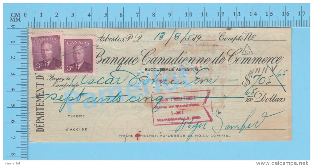 Asbestos, Cheque, 1951 ( $705.65, Oscar Deshais Enrg, B.C.D.C..,  Stamp  2 X #286 ) P. Quebec 2 SCANS - Chèques & Chèques De Voyage