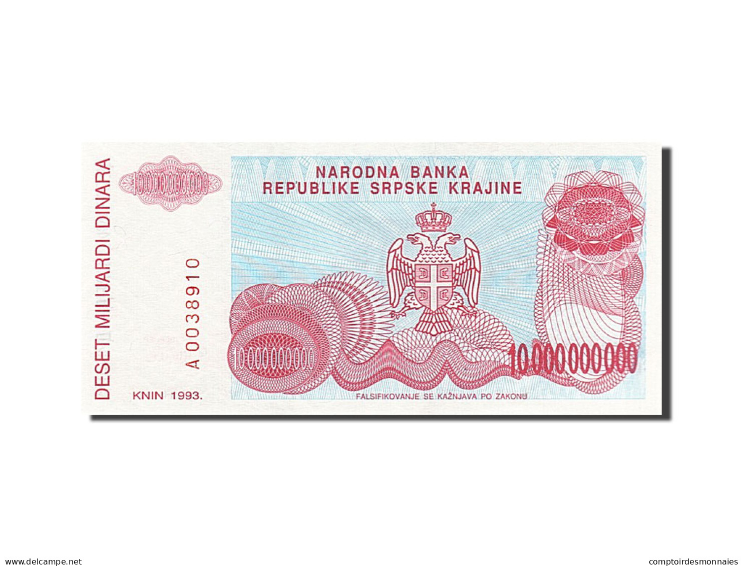 Billet, Croatie, 10 Milliard Dinara, 1993, SPL - Croatia