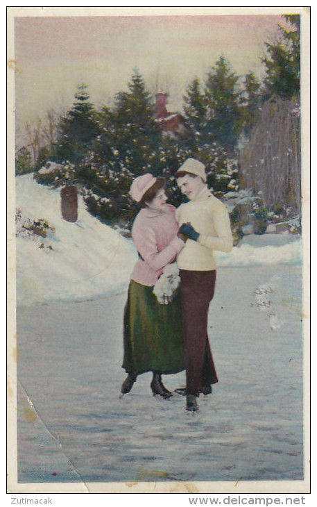 Vintage Figure Skating At Frozen Lake Postcard 1912 - Patinaje Artístico