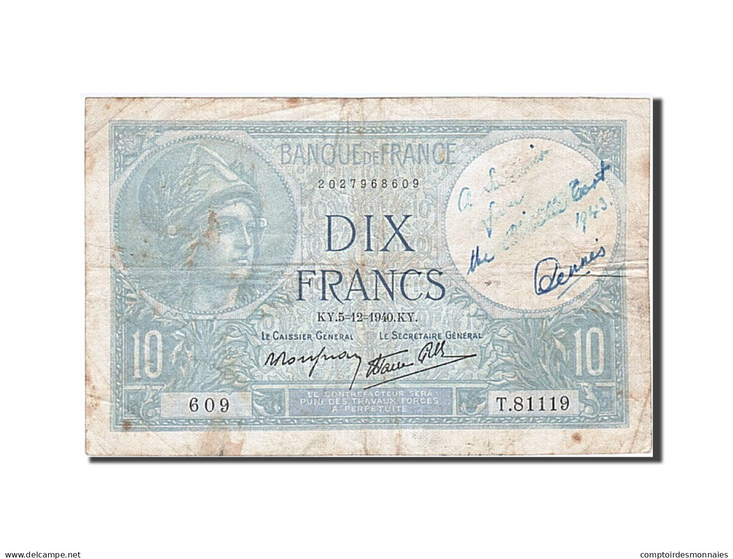 Billet, France, 10 Francs, 10 F 1916-1942 ''Minerve'', 1940, 1940-12-05, B+ - 10 F 1916-1942 ''Minerve''