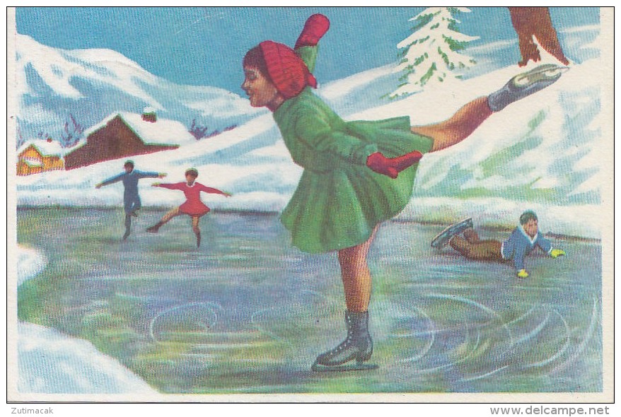 Vintage Figure Skating Postcard Children Skating At Frozen Lake - Patinage Artistique