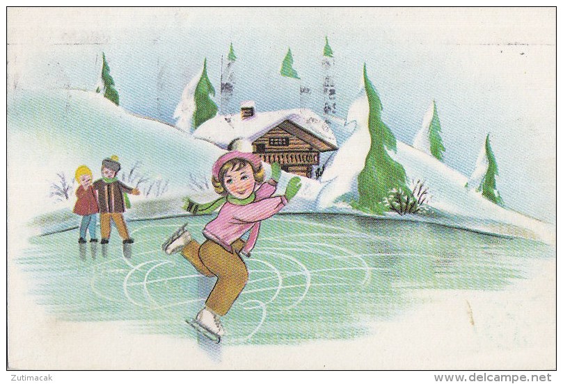 Vintage Figure Skating Postcard Children Skating At Frozen Lake - Patinaje Artístico