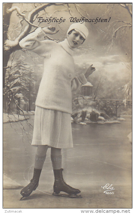 Vintage Figure Skating Postcard Frohliche Weihnachten Merry Christmas 10s - Patinage Artistique