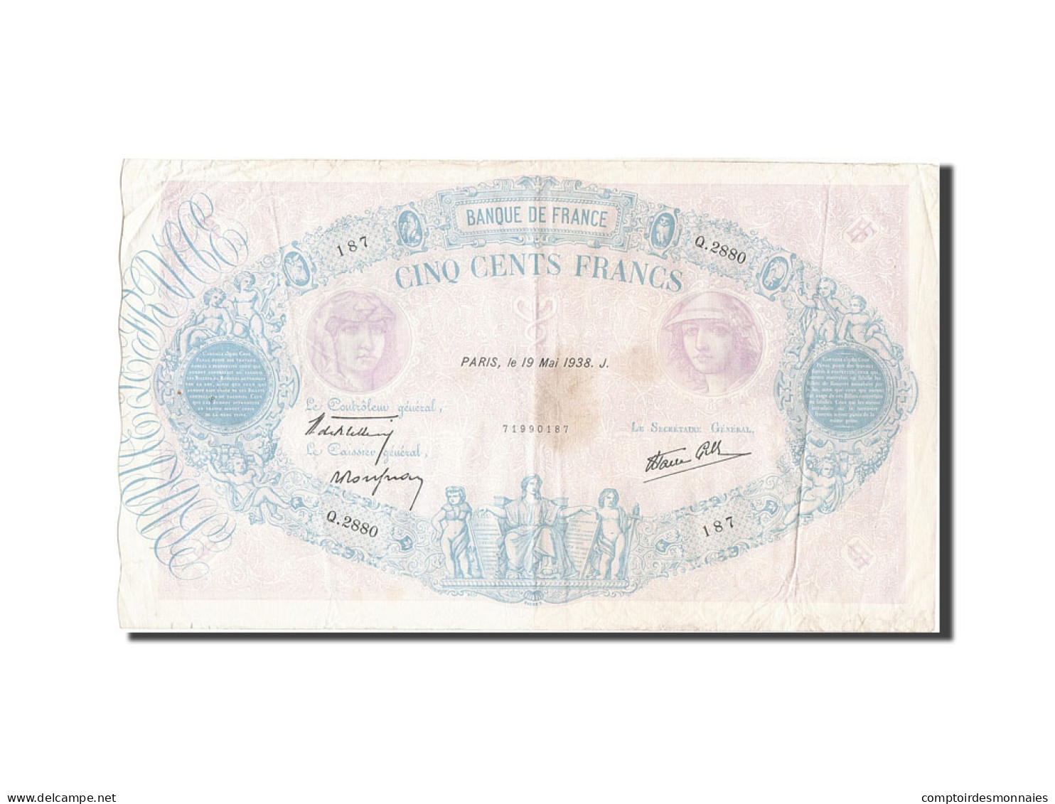 Billet, France, 500 Francs, 500 F 1888-1940 ''Bleu Et Rose'', 1938, 1938-05-19 - 500 F 1888-1940 ''Bleu Et Rose''