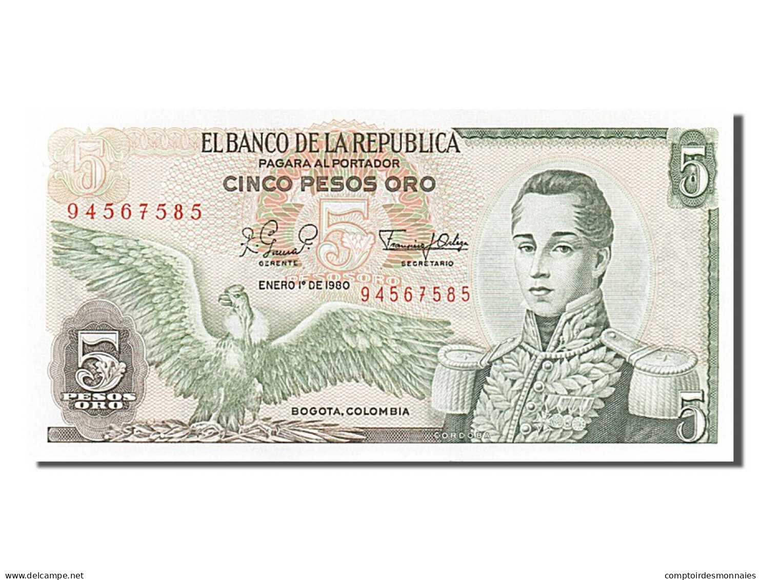 [#255957] Colombie, 5 Pesos Oro, Type José Maria Cordoba - Colombie