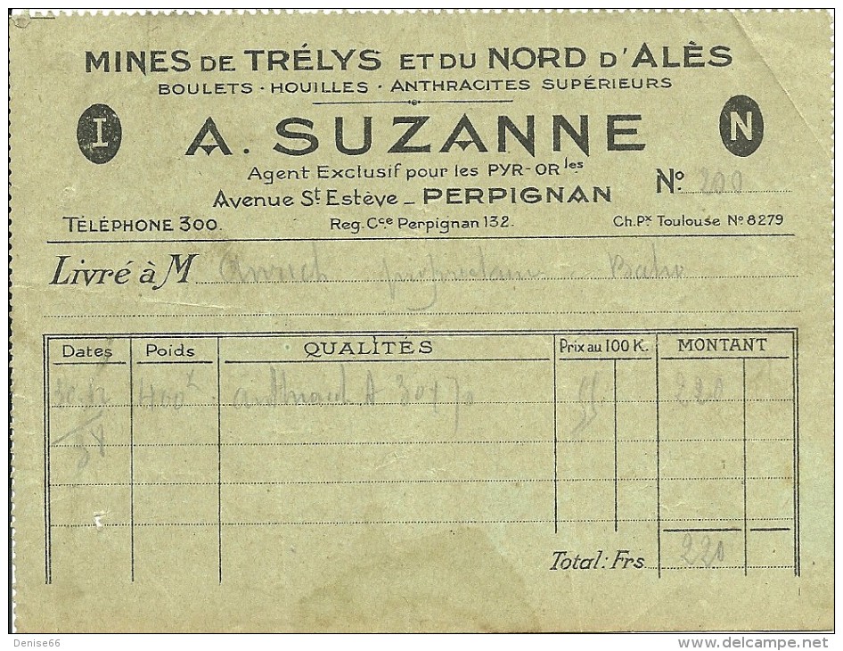 MINES De TRELYS Et Du NORD D'ALES - Bon De Livraison D'anthracite - Maison A. SUZANNE à PERPIGNAN (66) - Historische Documenten