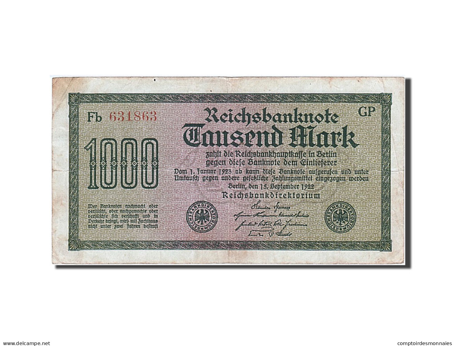 Billet, Allemagne, 1000 Mark, 1922, 1922-09-15, TTB+ - 1.000 Mark