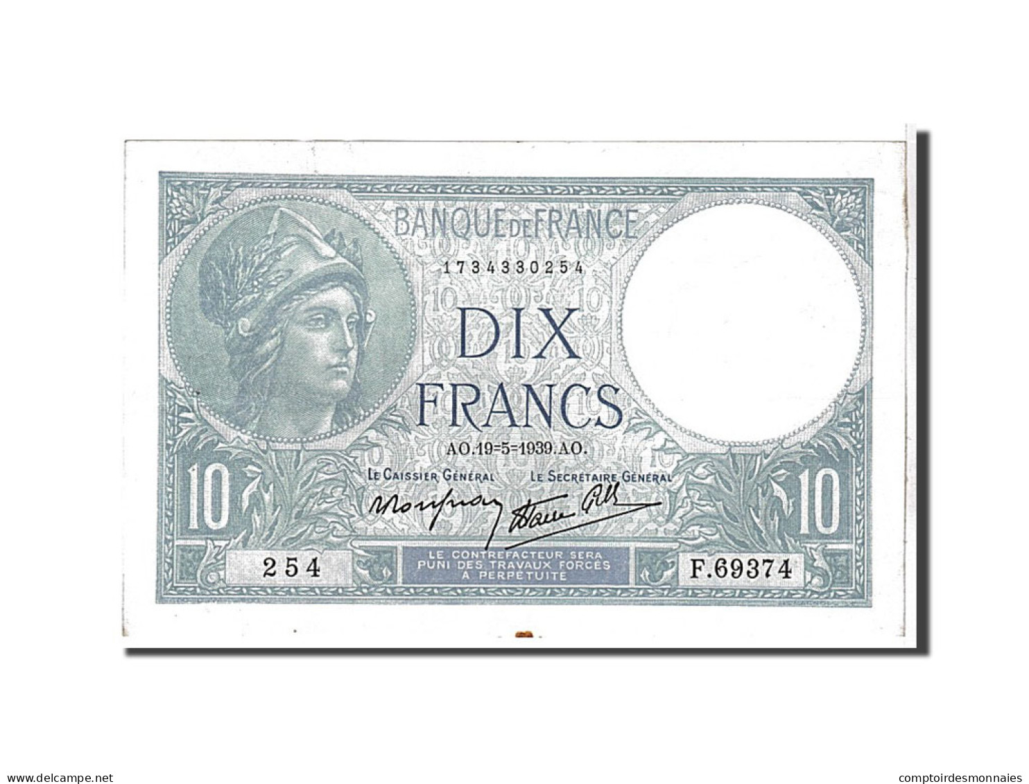 Billet, France, 10 Francs, 10 F 1916-1942 ''Minerve'', 1939, SUP, Fayette:7.3 - 10 F 1916-1942 ''Minerve''
