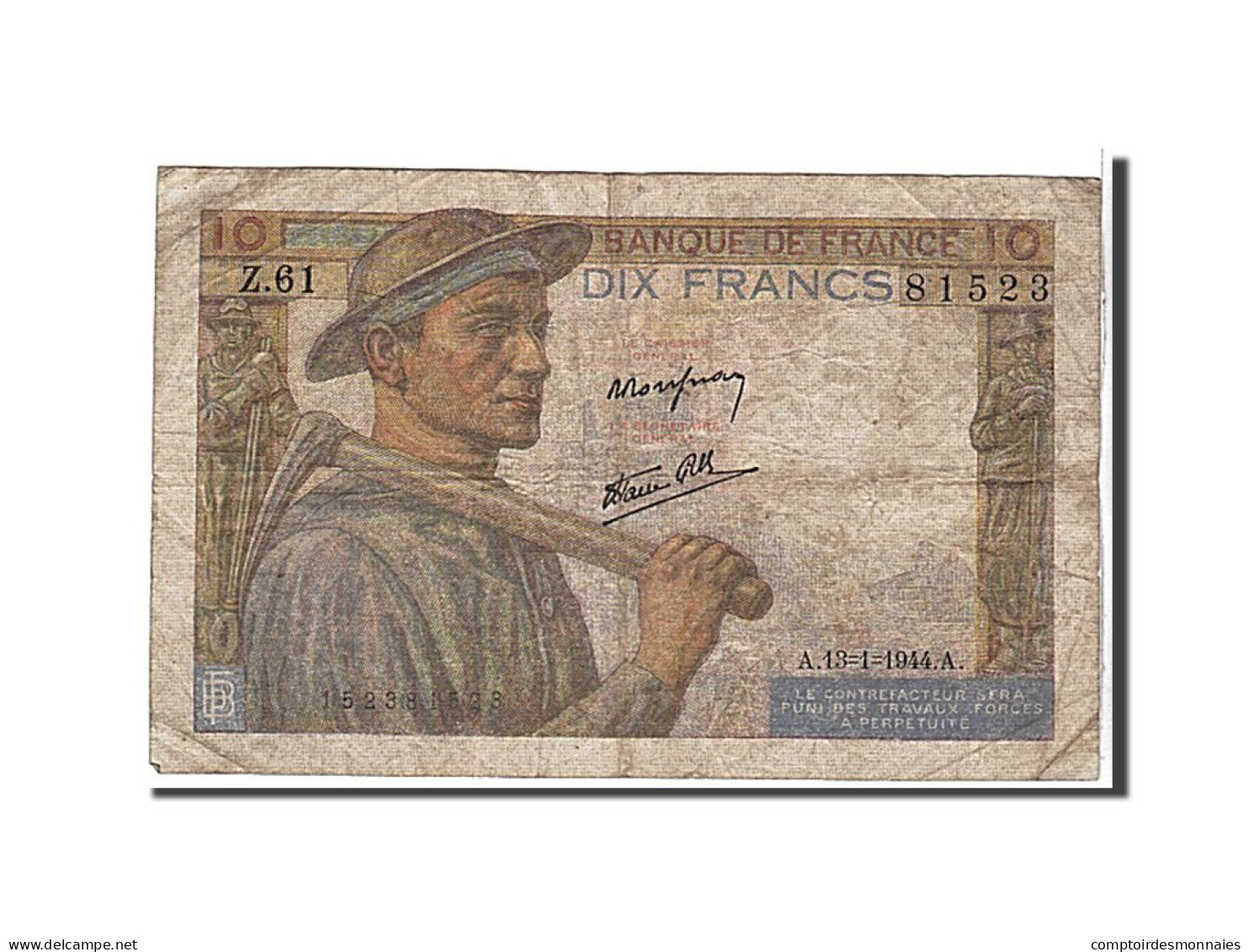 Billet, France, 10 Francs, 10 F 1941-1949 ''Mineur'', 1944, TB+, Fayette:8.10 - 10 F 1941-1949 ''Mineur''