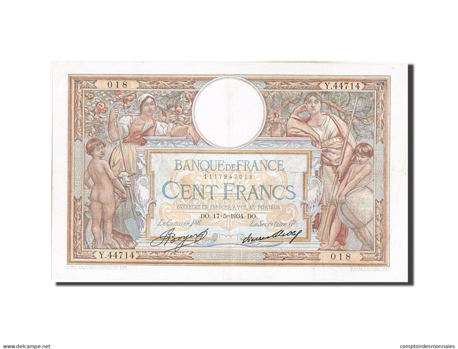 Billet, France, 100 Francs, 100 F 1908-1939 ''Luc Olivier Merson'', 1934 - 100 F 1908-1939 ''Luc Olivier Merson''