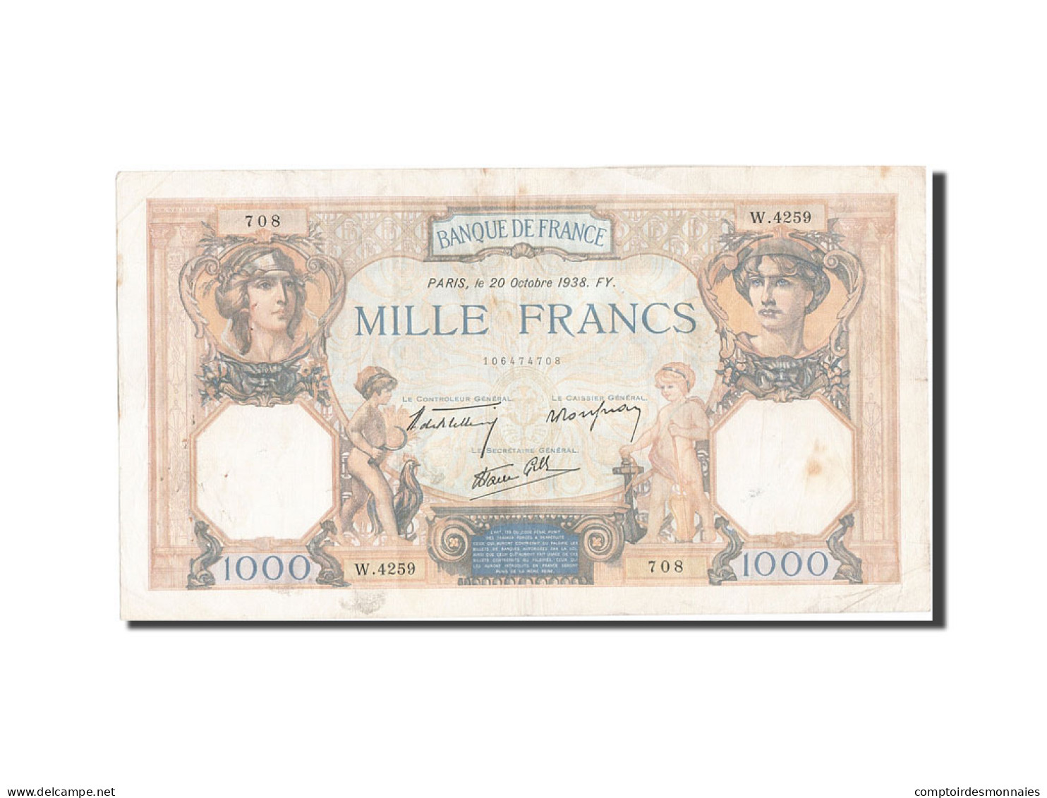 Billet, France, 1000 Francs, 1 000 F 1927-1940 ''Cérès Et Mercure'', 1938 - 1 000 F 1927-1940 ''Cérès Et Mercure''