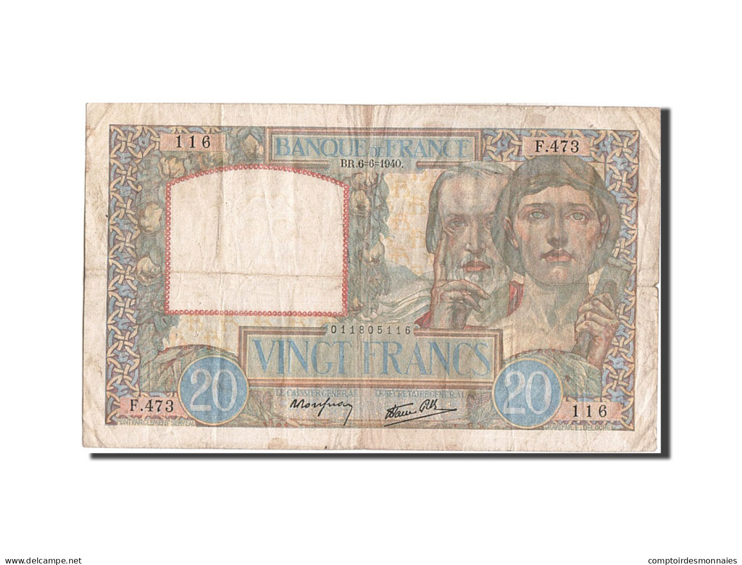 Billet, France, 20 Francs, 20 F 1939-1942 ''Science Et Travail'', 1940 - 20 F 1939-1942 ''Science Et Travail''