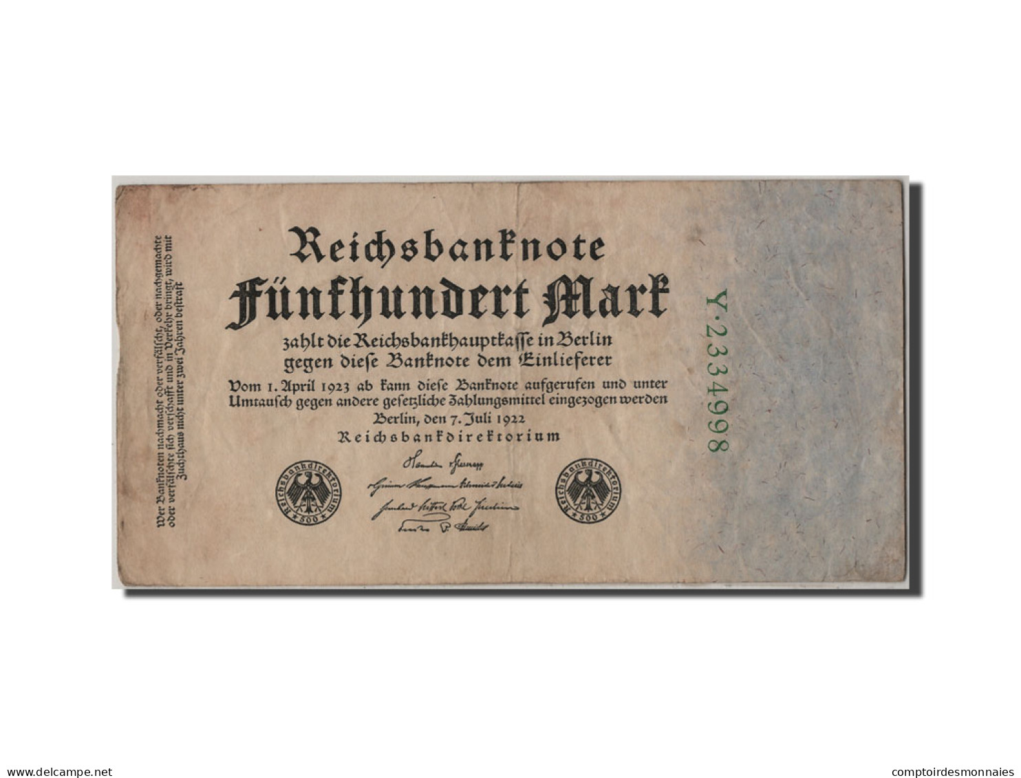 Billet, Allemagne, 500 Mark, 1922, 1922-07-07, TTB - 500 Mark