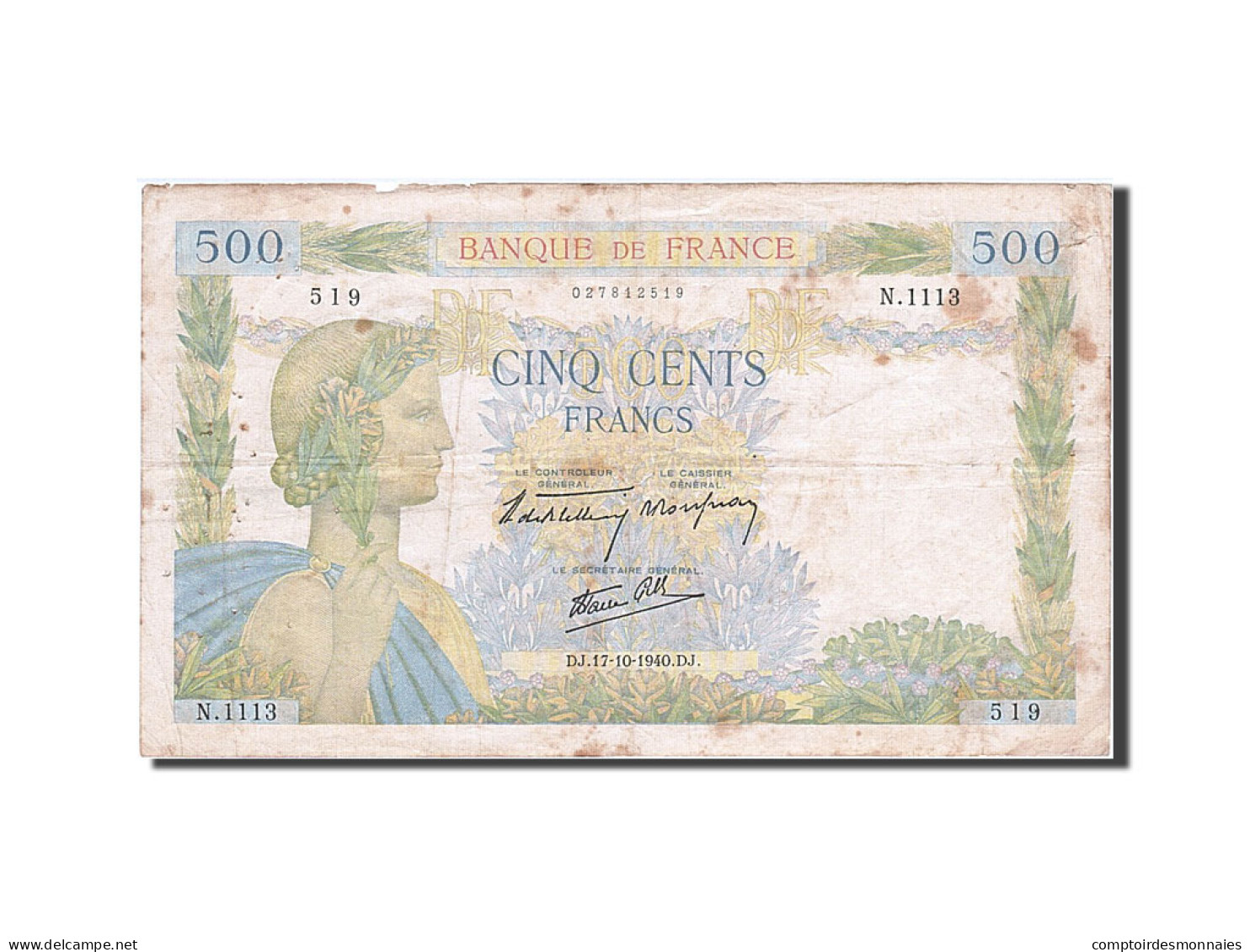 Billet, France, 500 Francs, 500 F 1940-1944 ''La Paix'', 1940, 1940-10-17, TB - 500 F 1940-1944 ''La Paix''