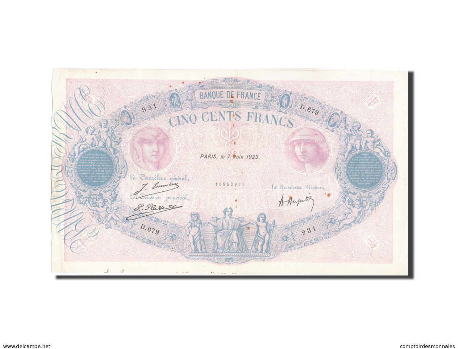 Billet, France, 500 Francs, 500 F 1888-1940 ''Bleu Et Rose'', 1923, 1923-06-07 - 500 F 1888-1940 ''Bleu Et Rose''