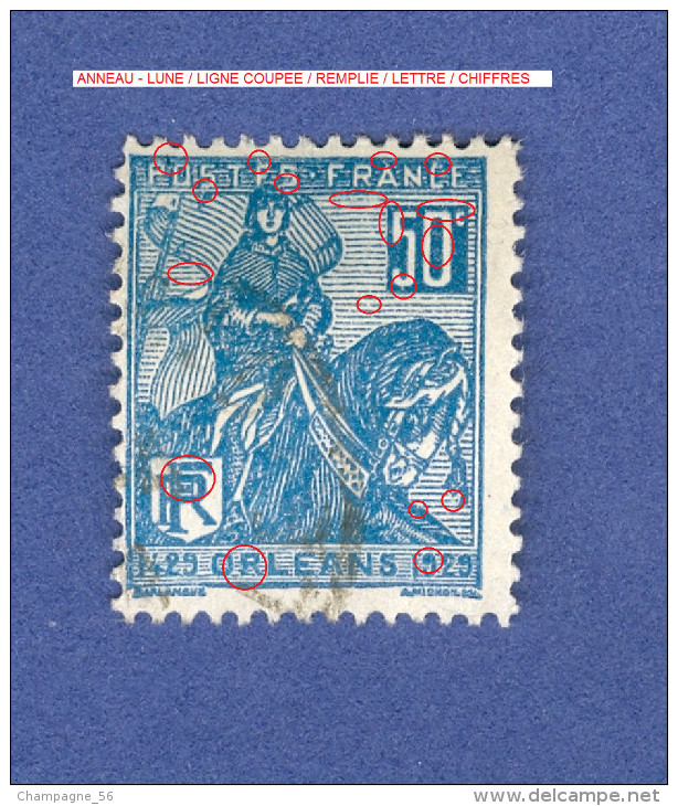 * 1929 N° 257  TYPE 1 DENT 14 X 13 1/2 JEANNE D ARC 50 C BLEU  OBLITÉRÉ DOS CHARNIÈRE - Usati