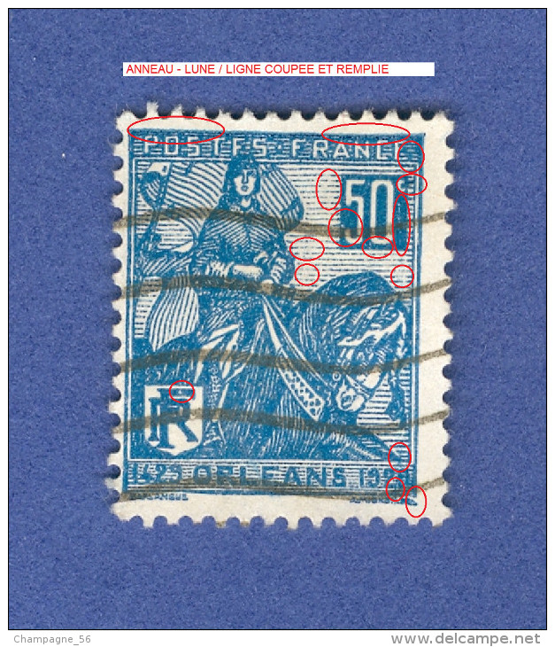 * 1929 N° 257  TYPE 1 DENT 14 X 13 1/2 JEANNE D ARC 50 C BLEU  OBLITÉRÉ DOS CHARNIÈRE - Usati