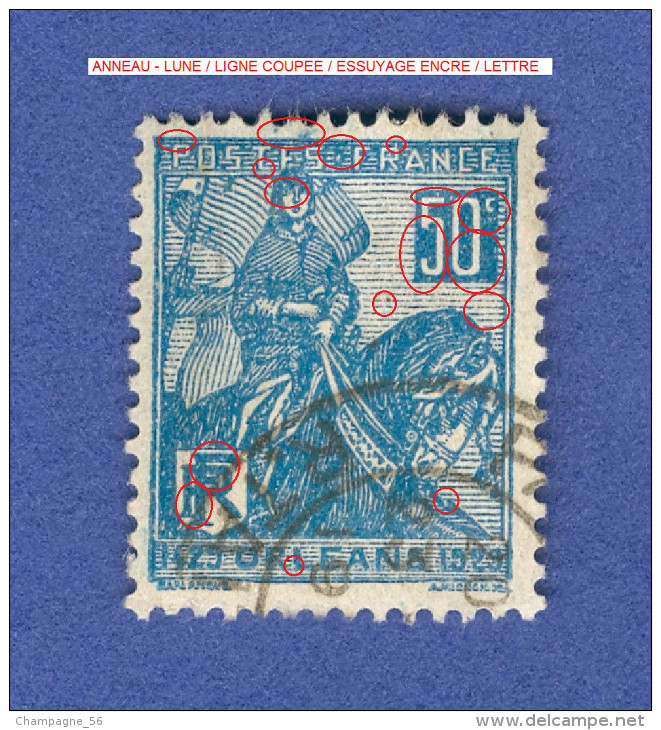 * 1929 N° 257  TYPE 1 DENT 14 X 13 1/2 JEANNE D ARC 50 C BLEU  OBLITÉRÉ DOS CHARNIÈRE - Usati