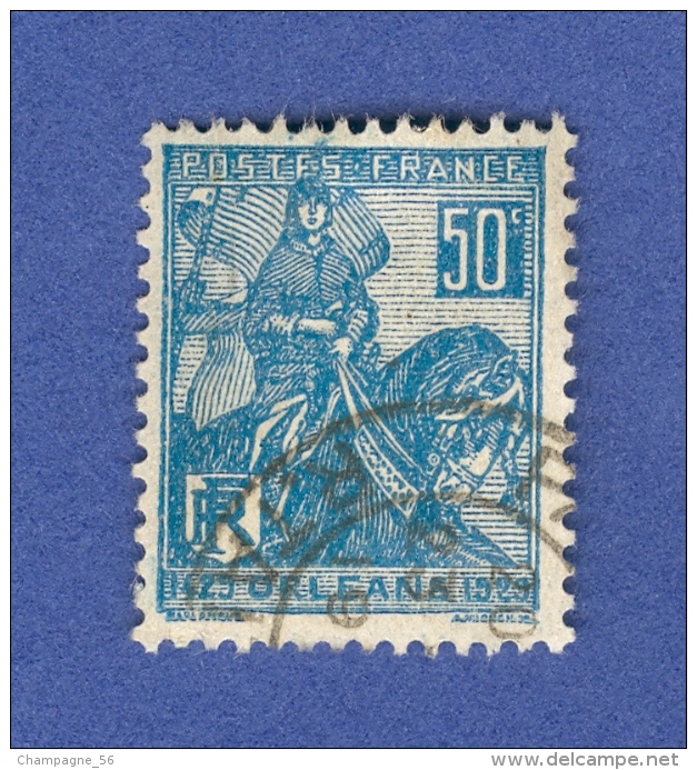 * 1929 N° 257  TYPE 1 DENT 14 X 13 1/2 JEANNE D ARC 50 C BLEU  OBLITÉRÉ DOS CHARNIÈRE - Usati