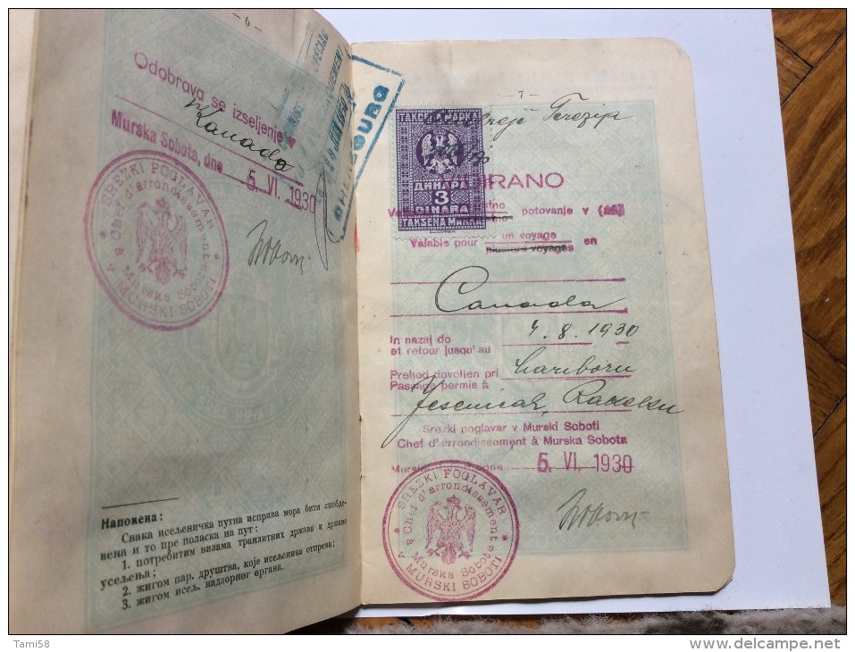 PASSAPORTO  PASSPORT    REISEPASS  1930.   KINDOM  SHS   CROATIA SLOVENIA SERBIA    -  MURSKA  SOBOTA   - VISA TO CANADA - Historical Documents