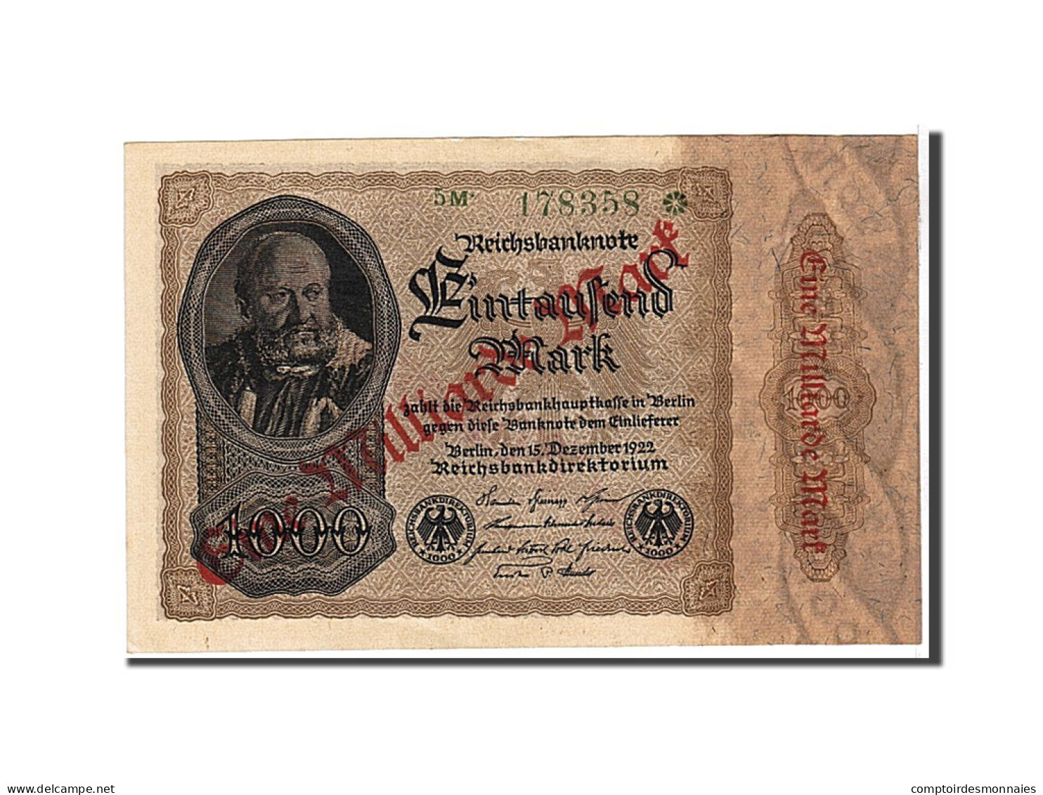 Billet, Allemagne, 1 Milliarde Mark On 1000 Mark, 1922, KM:113a, SUP - 1000 Mark